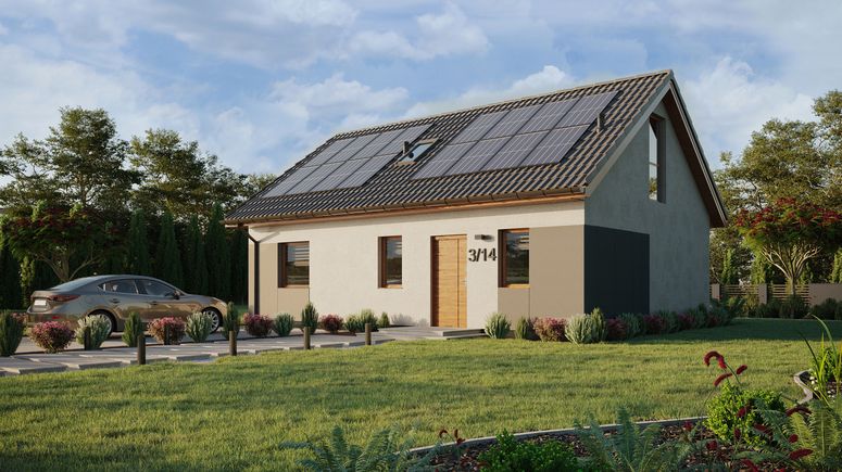 Projekt ERDOL 1 XL - Wersja lewa (salon po lewej stronie) - Dwuspadowy z poddaszem użytkowym – kąt nachylenia 35 stopni - Schody w salonie - Okno dachowe pokojowe i łazienkowe - Okna na poddaszu do podłogi - Styropian, siatka i klej - Złoty dąb - Instalacja fotowoltaiczna 6,4 kWp (16 paneli)