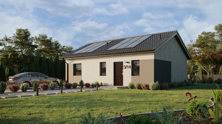 Projekt ERDOL 1 XL - Wersja lewa (salon po lewej stronie) - Dwuspadowy bez poddasza użytkowego – kąt nachylenia 25 stopni - Bez okien/świetlików dachowych - Okna standardowe - Styropian, siatka i klej - Orzech - Instalacja fotowoltaiczna 4,8 kWp (12 paneli)