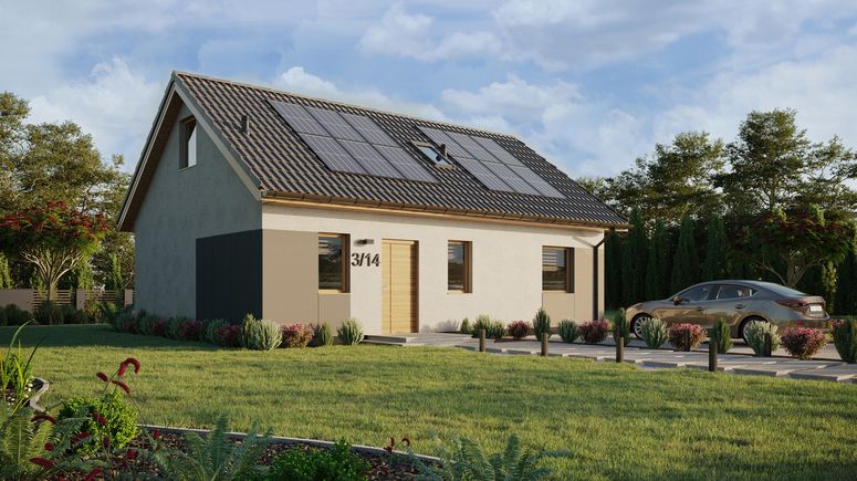 Projekt ERDOL 1 XL - Wersja prawa (salon po prawej stronie) - Dwuspadowy z poddaszem użytkowym – kąt nachylenia 35 stopni - Schody w salonie - Okno dachowe pokojowe i łazienkowe - Okna standardowe - Styropian, siatka i klej - Winchester - Instalacja fotowoltaiczna 4,8 kWp (12 paneli)