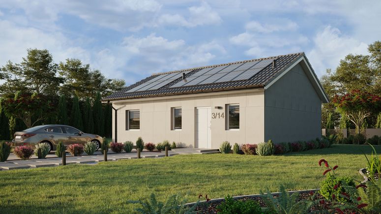 Projekt ERDOL 1 XL - Wersja lewa (salon po lewej stronie) - Dwuspadowy bez poddasza użytkowego – kąt nachylenia 25 stopni - Świetlik dachowy - Okna standardowe - Bez styropianu, siatki i kleju - Biały - Instalacja fotowoltaiczna 6,4 kWp (16 paneli)