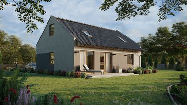 Projekt ERDOL 1 XL - Wersja prawa (salon po prawej stronie) - Dwuspadowy nowoczesny z poddaszem użytkowym – kąt nachylenia 35 stopni - Schody w salonie - Dwa okna dachowe pokojowe - Okna standardowe - Styropian, siatka i klej - Winchester - Bez instalacji fotowoltaicznej