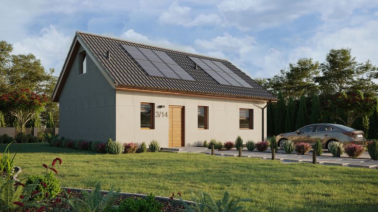 Projekt ERDOL 1 XL - Wersja prawa (salon po prawej stronie) - Dwuspadowy z poddaszem użytkowym – kąt nachylenia 35 stopni - Schody w salonie - Bez okien/świetlików dachowych - Okna standardowe - Bez styropianu, siatki i kleju - Złoty dąb - Instalacja fotowoltaiczna 4,8 kWp (12 paneli)