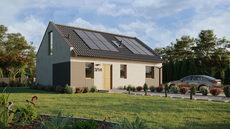 Projekt ERDOL 1 XL - Wersja prawa (salon po prawej stronie) - Dwuspadowy nowoczesny z poddaszem użytkowym – kąt nachylenia 35 stopni - Schody w salonie - Okno dachowe pokojowe i łazienkowe - Okno balkonowe w jadalni i okna na poddaszu do podłogi - Styropian, siatka i klej - Winchester - Instalacja fotowoltaiczna 4,8 kWp (12 paneli)