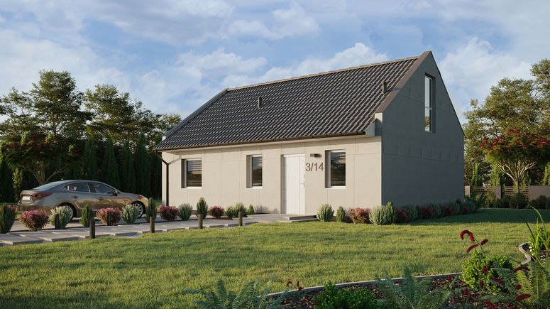 Projekt ERDOL 1 XL - Wersja lewa (salon po lewej stronie) - Dwuspadowy nowoczesny z poddaszem użytkowym – kąt nachylenia 35 stopni - Schody w salonie - Bez okien/świetlików dachowych - Okno balkonowe w jadalni i okna na poddaszu do podłogi - Bez styropianu, siatki i kleju - Biały - Bez instalacji fotowoltaicznej