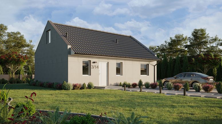 Projekt ERDOL 1 XL - Wersja prawa (salon po prawej stronie) - Dwuspadowy nowoczesny z poddaszem użytkowym – kąt nachylenia 35 stopni - Schody w salonie - Bez okien/świetlików dachowych - Okna standardowe - Bez styropianu, siatki i kleju - Biały - Bez instalacji fotowoltaicznej