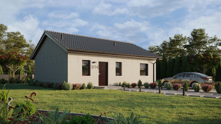 Projekt ERDOL 1 XL - Wersja prawa (salon po prawej stronie) - Dwuspadowy bez poddasza użytkowego – kąt nachylenia 25 stopni - Bez okien/świetlików dachowych - Okna standardowe - Bez styropianu, siatki i kleju - Orzech - Bez instalacji fotowoltaicznej