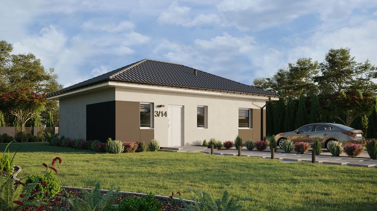 Projekt ERDOL 1 XL - Wersja prawa (salon po prawej stronie) - Czterospadowy bez poddasza użytkowego – kąt nachylenia 25 stopni - Bez okien/świetlików dachowych - Okna standardowe - Styropian, siatka i klej - Biały