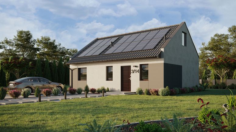 Projekt ERDOL 1 XL - Wersja lewa (salon po lewej stronie) - Dwuspadowy nowoczesny z poddaszem użytkowym – kąt nachylenia 35 stopni - Schody w salonie - Bez okien/świetlików dachowych - Okno balkonowe w jadalni - Styropian, siatka i klej - Orzech - Instalacja fotowoltaiczna 6,4 kWp (16 paneli)