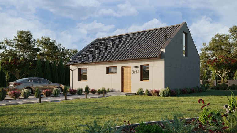 Projekt ERDOL 1 XL - Wersja lewa (salon po lewej stronie) - Dwuspadowy nowoczesny z poddaszem użytkowym – kąt nachylenia 35 stopni - Klatka schodowa - Bez okien/świetlików dachowych - Okno balkonowe w jadalni i okna na poddaszu do podłogi - Bez styropianu, siatki i kleju - Złoty dąb - Bez instalacji fotowoltaicznej