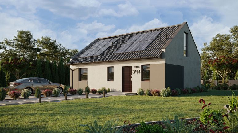 Projekt ERDOL 1 XL - Wersja lewa (salon po lewej stronie) - Dwuspadowy nowoczesny z poddaszem użytkowym – kąt nachylenia 35 stopni - Schody w salonie - Bez okien/świetlików dachowych - Okno balkonowe w jadalni i okna na poddaszu do podłogi - Styropian, siatka i klej - Orzech - Instalacja fotowoltaiczna 4,8 kWp (12 paneli)