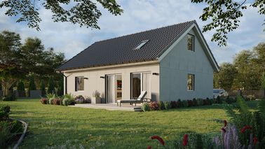 Projekt ERDOL 1 XL - Wersja lewa (salon po lewej stronie) - Dwuspadowy z poddaszem użytkowym – kąt nachylenia 35 stopni - Klatka schodowa - Okno dachowe pokojowe i łazienkowe - Okna standardowe - Bez styropianu, siatki i kleju - Biały - Bez instalacji fotowoltaicznej