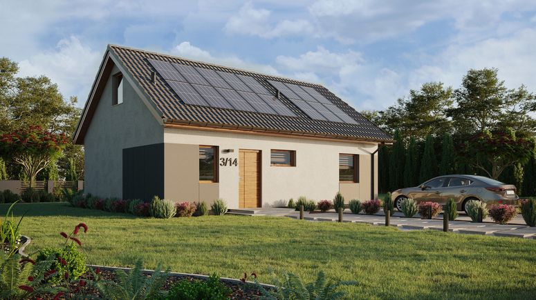 Projekt ERDOL 1 XL - Wersja prawa (salon po prawej stronie) - Dwuspadowy z poddaszem użytkowym – kąt nachylenia 35 stopni - Klatka schodowa - Bez okien/świetlików dachowych - Okna standardowe - Styropian, siatka i klej - Złoty dąb - Instalacja fotowoltaiczna 6,4 kWp (16 paneli)