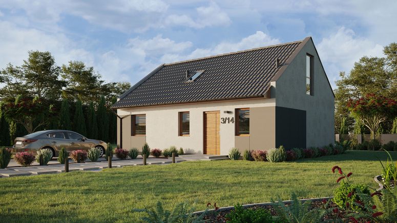 Projekt ERDOL 1 XL - Wersja lewa (salon po lewej stronie) - Dwuspadowy nowoczesny z poddaszem użytkowym – kąt nachylenia 35 stopni - Schody w salonie - Okno dachowe pokojowe i łazienkowe - Okno balkonowe w jadalni i okna na poddaszu do podłogi - Styropian, siatka i klej - Złoty dąb - Bez instalacji fotowoltaicznej