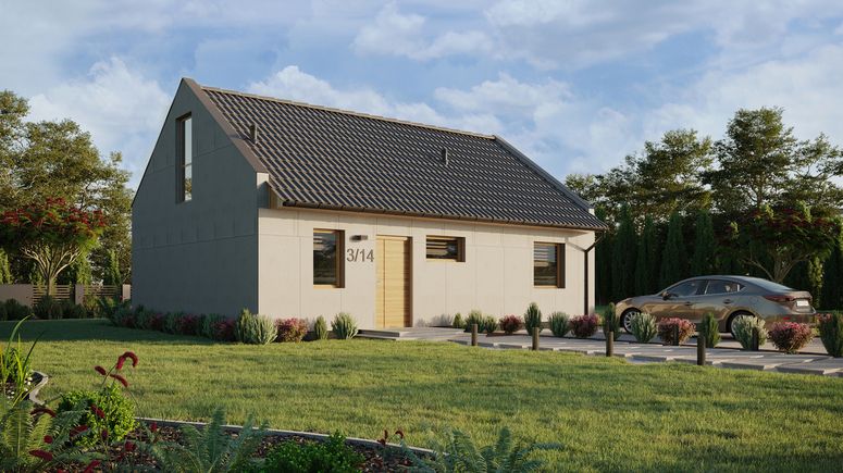 Projekt ERDOL 1 XL - Wersja prawa (salon po prawej stronie) - Dwuspadowy nowoczesny z poddaszem użytkowym – kąt nachylenia 35 stopni - Klatka schodowa - Bez okien/świetlików dachowych - Okno balkonowe w jadalni i okna na poddaszu do podłogi - Bez styropianu, siatki i kleju - Winchester - Bez instalacji fotowoltaicznej