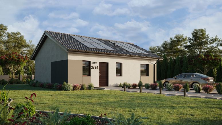 Projekt ERDOL 1 XL - Wersja prawa (salon po prawej stronie) - Dwuspadowy bez poddasza użytkowego – kąt nachylenia 25 stopni - Bez okien/świetlików dachowych - Okna standardowe - Styropian, siatka i klej - Orzech - Instalacja fotowoltaiczna 4,8 kWp (12 paneli)