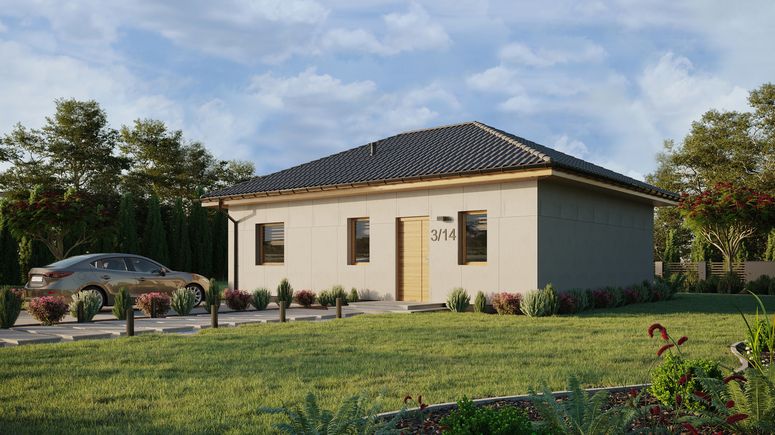 Projekt ERDOL 1 XL - Wersja lewa (salon po lewej stronie) - Czterospadowy bez poddasza użytkowego – kąt nachylenia 25 stopni - Bez okien/świetlików dachowych - Okna standardowe - Bez styropianu, siatki i kleju - Winchester