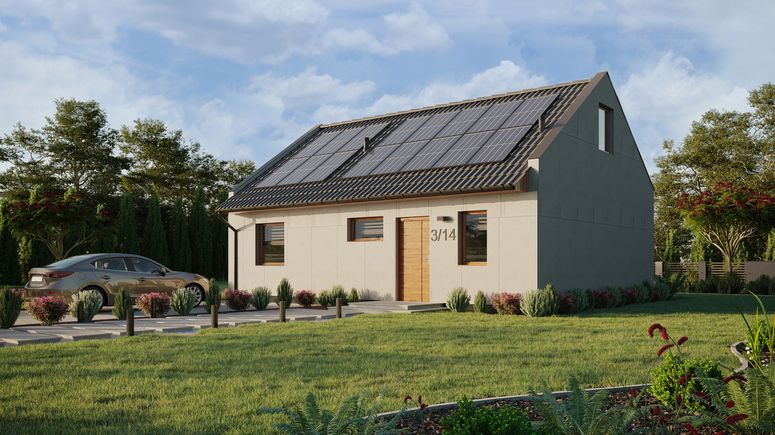 Projekt ERDOL 1 XL - Wersja lewa (salon po lewej stronie) - Dwuspadowy nowoczesny z poddaszem użytkowym – kąt nachylenia 35 stopni - Klatka schodowa - Okno dachowe pokojowe i łazienkowe - Okna standardowe - Bez styropianu, siatki i kleju - Złoty dąb - Instalacja fotowoltaiczna 6,4 kWp (16 paneli)