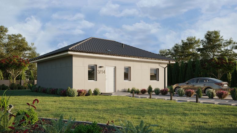 Projekt ERDOL 1 XL - Wersja prawa (salon po prawej stronie) - Czterospadowy bez poddasza użytkowego – kąt nachylenia 25 stopni - Świetlik dachowy - Okna standardowe - Bez styropianu, siatki i kleju - Biały