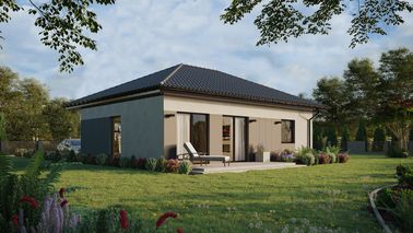 Projekt ERDOL 1 XL - Wersja prawa (salon po prawej stronie) - Czterospadowy bez poddasza użytkowego – kąt nachylenia 25 stopni - Bez okien/świetlików dachowych - Okno balkonowe w jadalni - Styropian, siatka i klej - Orzech