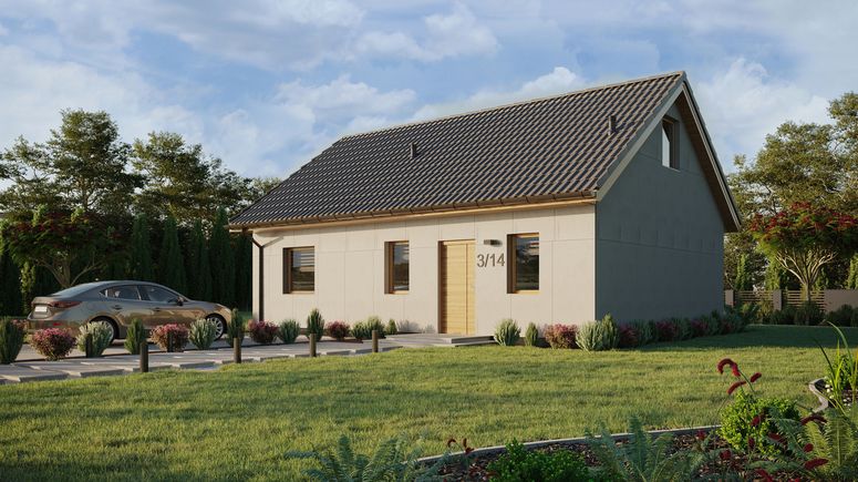 Projekt ERDOL 1 XL - Wersja lewa (salon po lewej stronie) - Dwuspadowy z poddaszem użytkowym – kąt nachylenia 35 stopni - Schody w salonie - Dwa okna dachowe pokojowe - Okna standardowe - Bez styropianu, siatki i kleju - Winchester - Bez instalacji fotowoltaicznej