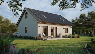 Projekt ERDOL 1 XL - Wersja prawa (salon po prawej stronie) - Dwuspadowy z poddaszem użytkowym – kąt nachylenia 35 stopni - Klatka schodowa - Dwa okna dachowe pokojowe - Okna standardowe - Bez styropianu, siatki i kleju - Złoty dąb - Instalacja fotowoltaiczna 4,8 kWp (12 paneli)