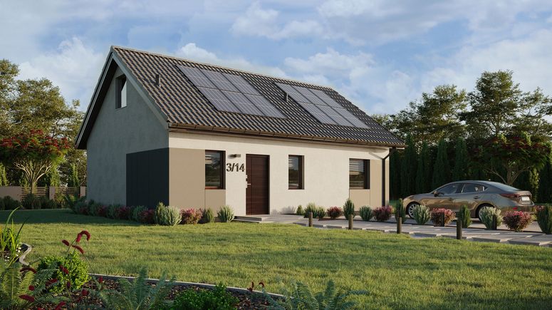 Projekt ERDOL 1 XL - Wersja prawa (salon po prawej stronie) - Dwuspadowy z poddaszem użytkowym – kąt nachylenia 35 stopni - Schody w salonie - Bez okien/świetlików dachowych - Okna standardowe - Styropian, siatka i klej - Orzech - Instalacja fotowoltaiczna 4,8 kWp (12 paneli)