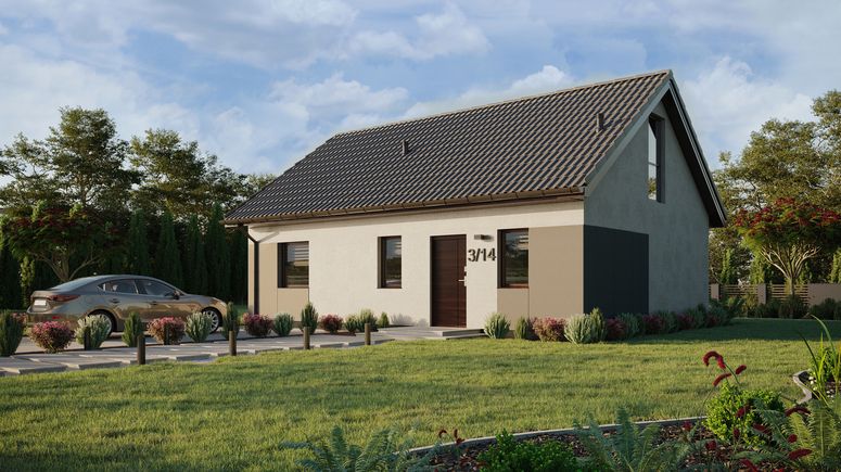 Projekt ERDOL 1 XL - Wersja lewa (salon po lewej stronie) - Dwuspadowy z poddaszem użytkowym – kąt nachylenia 35 stopni - Schody w salonie - Bez okien/świetlików dachowych - Okno balkonowe w jadalni i okna na poddaszu do podłogi - Styropian, siatka i klej - Orzech - Bez instalacji fotowoltaicznej