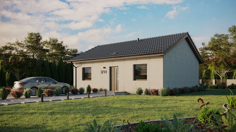 Projekt ERDOL 2 - Wersja lewa (salon po lewej stronie) - Dwuspadowy bez poddasza użytkowego – kąt nachylenia 25 stopni - Świetlik dachowy - Okna standardowe - Bez styropianu, siatki i kleju - Antracyt - Bez instalacji fotowoltaicznej