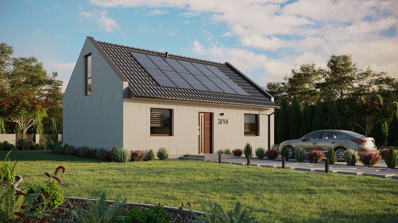 Projekt ERDOL 2 - Wersja prawa (salon po prawej stronie) - Dwuspadowy nowoczesny z poddaszem użytkowym – kąt nachylenia 35 stopni - Bez okien/świetlików dachowych - Okno balkonowe w jadalni i okna na poddaszu do podłogi - Bez styropianu, siatki i kleju - Orzech - Instalacja fotowoltaiczna 4,8 kWp (12 paneli)