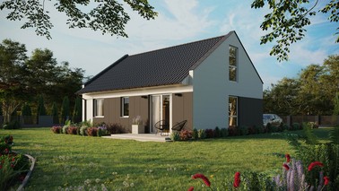 Projekt ERDOL 2 - Wersja lewa (salon po lewej stronie) - Dwuspadowy nowoczesny z poddaszem użytkowym – kąt nachylenia 35 stopni - Bez okien/świetlików dachowych - Okno balkonowe w jadalni i okna na poddaszu do podłogi - Styropian, siatka i klej - Biały - Bez instalacji fotowoltaicznej