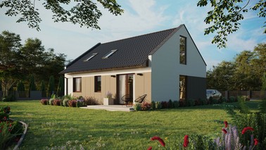 Projekt ERDOL 2 - Wersja lewa (salon po lewej stronie) - Dwuspadowy nowoczesny z poddaszem użytkowym – kąt nachylenia 35 stopni - Okno dachowe pokojowe i łazienkowe - Okna standardowe - Styropian, siatka i klej - Orzech - Bez instalacji fotowoltaicznej