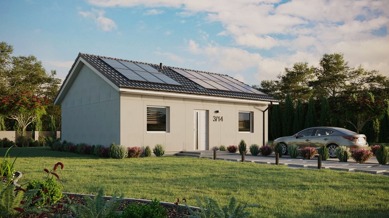 Projekt ERDOL 2 - Wersja prawa (salon po prawej stronie) - Dwuspadowy bez poddasza użytkowego – kąt nachylenia 25 stopni - Świetlik dachowy - Okna standardowe - Bez styropianu, siatki i kleju - Biały - Instalacja fotowoltaiczna 6,4 kWp (16 paneli)