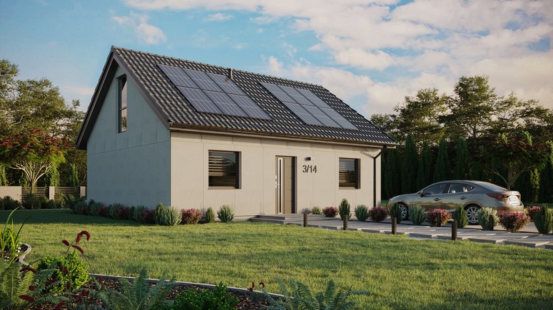 Projekt ERDOL 2 - Wersja prawa (salon po prawej stronie) - Dwuspadowy z poddaszem użytkowym – kąt nachylenia 35 stopni - Bez okien/świetlików dachowych - Okno balkonowe w jadalni i okna na poddaszu do podłogi - Bez styropianu, siatki i kleju - Antracyt - Instalacja fotowoltaiczna 4,8 kWp (12 paneli)