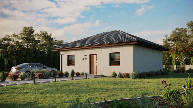 Projekt ERDOL 2 - Wersja lewa (salon po lewej stronie) - Czterospadowy bez poddasza użytkowego – kąt nachylenia 25 stopni - Bez okien/świetlików dachowych - Okna standardowe - Bez styropianu, siatki i kleju - Orzech