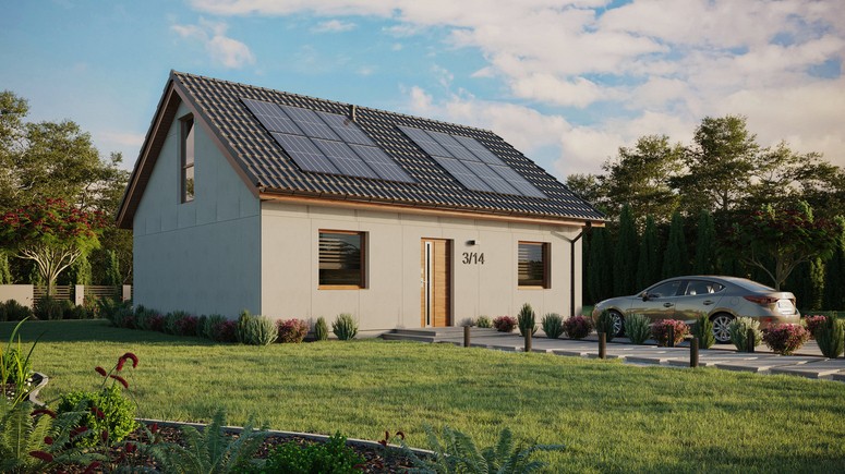 Projekt ERDOL 2 - Wersja prawa (salon po prawej stronie) - Dwuspadowy z poddaszem użytkowym – kąt nachylenia 35 stopni - Bez okien/świetlików dachowych - Okno balkonowe w jadalni i okna na poddaszu do podłogi - Bez styropianu, siatki i kleju - Złoty dąb - Instalacja fotowoltaiczna 4,8 kWp (12 paneli)