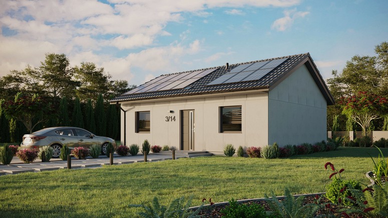 Projekt ERDOL 2 - Wersja lewa (salon po lewej stronie) - Dwuspadowy bez poddasza użytkowego – kąt nachylenia 25 stopni - Świetlik dachowy - Okno balkonowe w jadalni - Bez styropianu, siatki i kleju - Antracyt - Instalacja fotowoltaiczna 6,4 kWp (16 paneli)