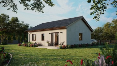 Projekt ERDOL 2 - Wersja lewa (salon po lewej stronie) - Dwuspadowy bez poddasza użytkowego – kąt nachylenia 25 stopni - Bez okien/świetlików dachowych - Okna standardowe - Bez styropianu, siatki i kleju - Orzech - Bez instalacji fotowoltaicznej