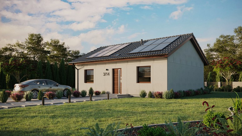 Projekt ERDOL 2 - Wersja lewa (salon po lewej stronie) - Dwuspadowy bez poddasza użytkowego – kąt nachylenia 25 stopni - Świetlik dachowy - Okna standardowe - Bez styropianu, siatki i kleju - Orzech - Instalacja fotowoltaiczna 4,8 kWp (12 paneli)