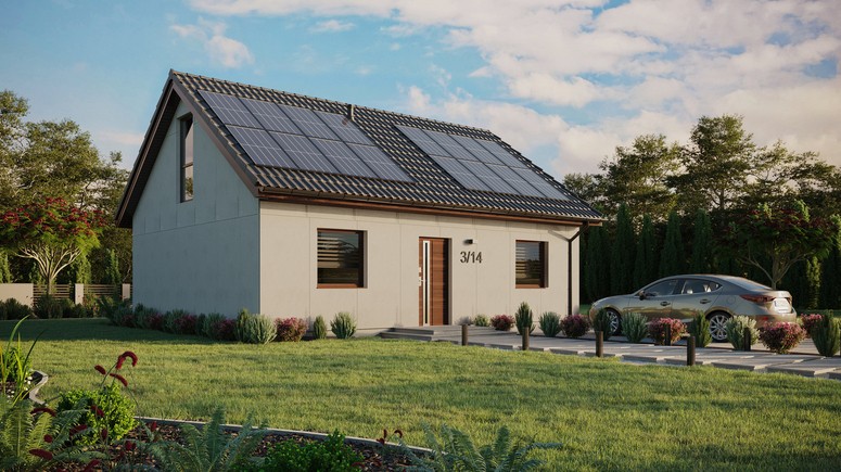 Projekt ERDOL 2 - Wersja prawa (salon po prawej stronie) - Dwuspadowy z poddaszem użytkowym – kąt nachylenia 35 stopni - Dwa okna dachowe pokojowe - Okno balkonowe w jadalni i okna na poddaszu do podłogi - Bez styropianu, siatki i kleju - Orzech - Instalacja fotowoltaiczna 6,4 kWp (16 paneli)