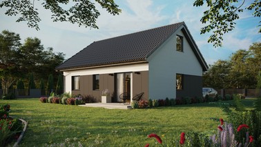 Projekt ERDOL 2 - Wersja lewa (salon po lewej stronie) - Dwuspadowy z poddaszem użytkowym – kąt nachylenia 35 stopni - Bez okien/świetlików dachowych - Okna standardowe - Styropian, siatka i klej - Antracyt - Bez instalacji fotowoltaicznej