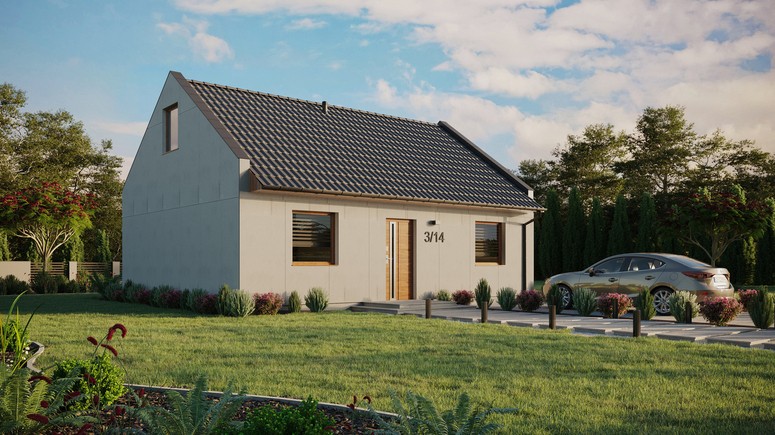 Projekt ERDOL 2 - Wersja prawa (salon po prawej stronie) - Dwuspadowy nowoczesny z poddaszem użytkowym – kąt nachylenia 35 stopni - Bez okien/świetlików dachowych - Okna standardowe - Bez styropianu, siatki i kleju - Złoty dąb - Bez instalacji fotowoltaicznej