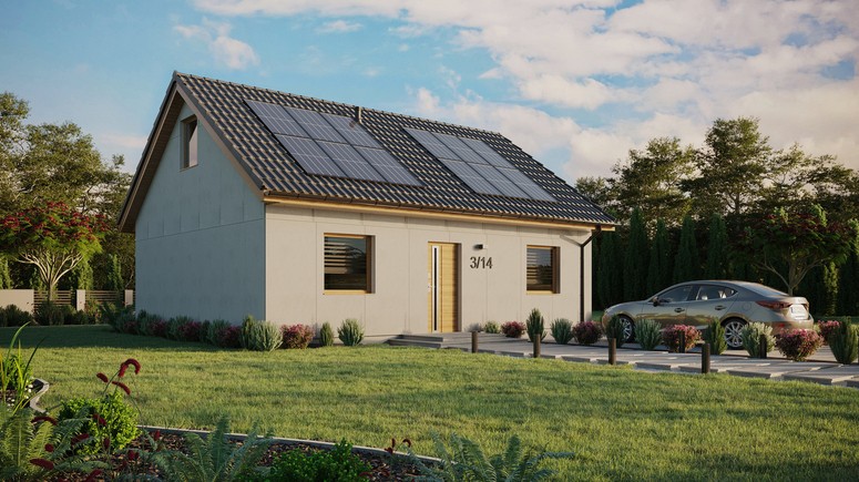Projekt ERDOL 2 - Wersja prawa (salon po prawej stronie) - Dwuspadowy z poddaszem użytkowym – kąt nachylenia 35 stopni - Bez okien/świetlików dachowych - Okna standardowe - Bez styropianu, siatki i kleju - Winchester - Instalacja fotowoltaiczna 4,8 kWp (12 paneli)