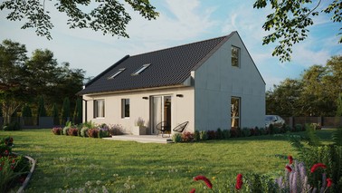 Projekt ERDOL 2 - Wersja lewa (salon po lewej stronie) - Dwuspadowy nowoczesny z poddaszem użytkowym – kąt nachylenia 35 stopni - Okno dachowe pokojowe i łazienkowe - Okno balkonowe w jadalni - Bez styropianu, siatki i kleju - Biały - Bez instalacji fotowoltaicznej