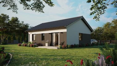 Projekt ERDOL 2 - Wersja lewa (salon po lewej stronie) - Dwuspadowy bez poddasza użytkowego – kąt nachylenia 25 stopni - Bez okien/świetlików dachowych - Okna standardowe - Styropian, siatka i klej - Antracyt - Bez instalacji fotowoltaicznej