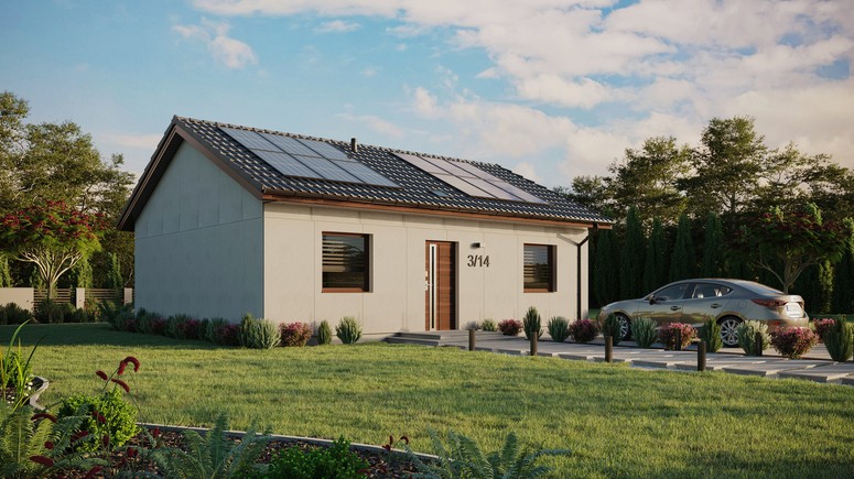 Projekt ERDOL 2 - Wersja prawa (salon po prawej stronie) - Dwuspadowy bez poddasza użytkowego – kąt nachylenia 25 stopni - Świetlik dachowy - Okna standardowe - Bez styropianu, siatki i kleju - Orzech - Instalacja fotowoltaiczna 4,8 kWp (12 paneli)