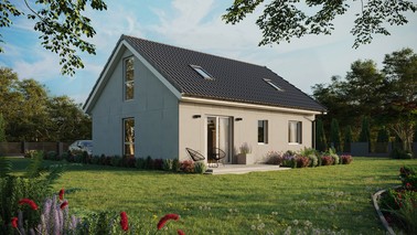 Projekt ERDOL 2 - Wersja prawa (salon po prawej stronie) - Dwuspadowy z poddaszem użytkowym – kąt nachylenia 35 stopni - Dwa okna dachowe pokojowe - Okno balkonowe w jadalni i okna na poddaszu do podłogi - Bez styropianu, siatki i kleju - Biały - Bez instalacji fotowoltaicznej