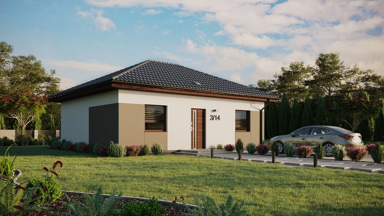 Projekt ERDOL 2 - Wersja prawa (salon po prawej stronie) - Czterospadowy bez poddasza użytkowego – kąt nachylenia 25 stopni - Świetlik dachowy - Okna standardowe - Styropian, siatka i klej - Orzech