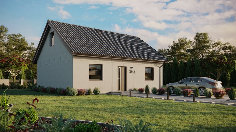 Projekt ERDOL 2 - Wersja prawa (salon po prawej stronie) - Dwuspadowy z poddaszem użytkowym – kąt nachylenia 35 stopni - Bez okien/świetlików dachowych - Okna standardowe - Bez styropianu, siatki i kleju - Antracyt - Bez instalacji fotowoltaicznej