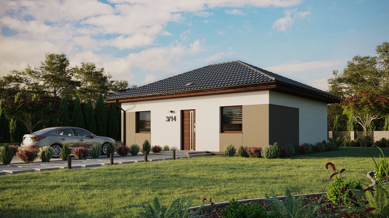 Projekt ERDOL 2 - Wersja lewa (salon po lewej stronie) - Czterospadowy bez poddasza użytkowego – kąt nachylenia 25 stopni - Świetlik dachowy - Okna standardowe - Styropian, siatka i klej - Orzech