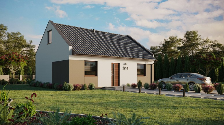 Projekt ERDOL 2 - Wersja prawa (salon po prawej stronie) - Dwuspadowy nowoczesny z poddaszem użytkowym – kąt nachylenia 35 stopni - Bez okien/świetlików dachowych - Okna standardowe - Styropian, siatka i klej - Orzech - Bez instalacji fotowoltaicznej